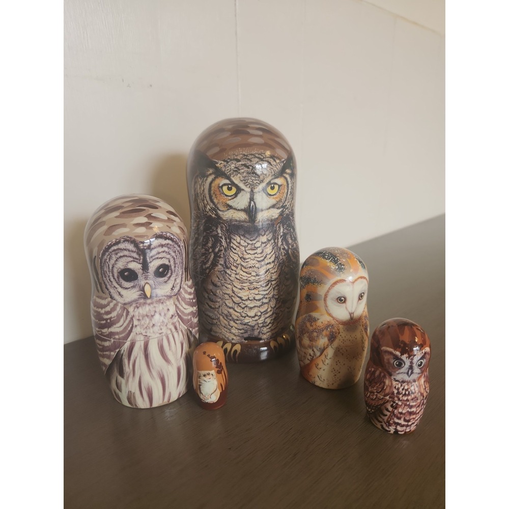 Vintage Golden Cockerel Great Horned Owl 5-Piece Nesting Doll Russian Set Decor